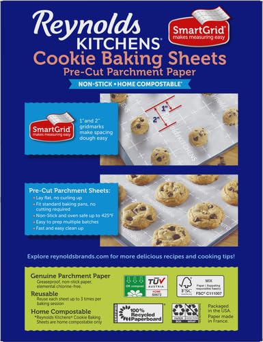 Reynolds Kitchens Cookie Baking Sheets, Pre-Cut Baking Parchment Paper Sheets for Cookies, Oven-Safe up to 425 Degrees, Reusable Up to 3X, No-Mess Cleanup, 12 in x 16 in, 22 Count (Pack of 2) - size: 22 Count (Pack of 2), style: Baking Sheets