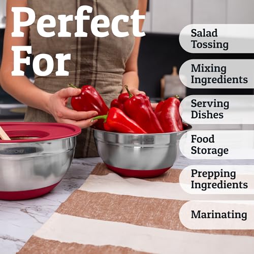 6pc Stainless Steel Mixing Bowls with Lids Set, 7 Qt, Red - color: Red