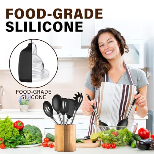 5Pcs Silicone Cooking Utensils Set, Heat Resistant Kitchen Tools Include Solid&Slotted Spatula, Cooking Spoon and Pasta Server, Silicone Kitchen Utensils set for Nonstick Cookware Flipping, Black - color: Black