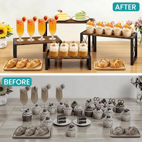 ELITEROO Wood Risers Display Stands Set of 4, Wooden 4 Tier Cupcake Stand, Tiered Riser for Vendors, Decorative Display Risers for Food Desserts Buffet Table at Party Wedding, Rustic Brown - color: 4 Tier, Rustic Brown
