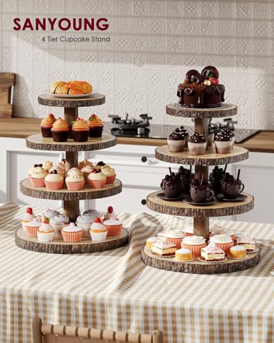 Wood Cupcake Stand, 4 Tier Cupcake Tower, Large Rustic Cake Display Holder