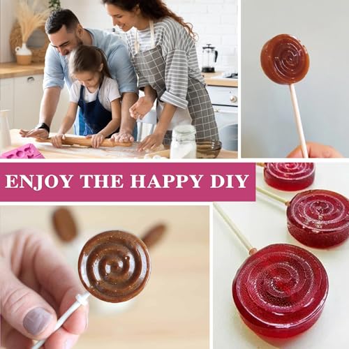 12 Capacity Silicone Lollipop Molds,Hard Candy Chocolate Sucker Mold with 2pcs 3.15 inch Lollypop Sucker Sticks,Candy Treat Bags,Gold Ties - color: 2PCS