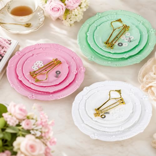 Fasmov 3 Pack 3 Tier Plastic Cupcake Stand, Dessert Plates Cake Fruit Candy Display Tower Reusable Pastry Platter for Wedding Birthday Baby Shower Tea Party Decorations - White Pink Green