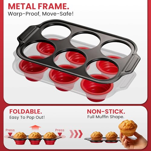 Silicone Muffin Pans for Baking with Metal Frame - 6 Cups Cupcake Pans - color: 6-Cups Red