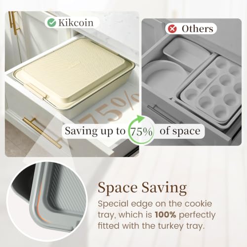 Kikcoin 25-Piece Nonstick Baking Pans Set with Large Turkey Roasting Pan, Stackable Bakeware Set, 450°F Oven Safe Baking Sheet Set with Silicone Handles, Carbon Steel Cookie Sheets for Baking, Cream - color: Cream