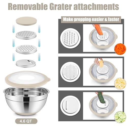 E-far Stainless Steel Mixing Bowls with Lids & Colander, 15PCS - color: Khaki