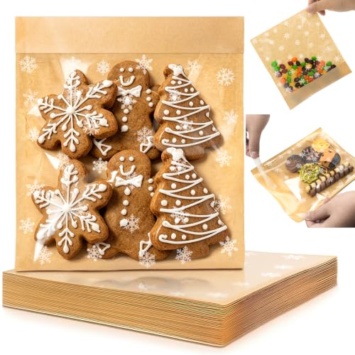 100 Pack Self Sealing Christmas Cookie Bags with Seal, 5.9x6.5 Inch Paper Bakery Bags with Window, Grease Resistant To Go Sleeves for Packaging Donut, Snack, Scone, Brownie, Small Pastries - size: 5.9"x6.5" - Christmas