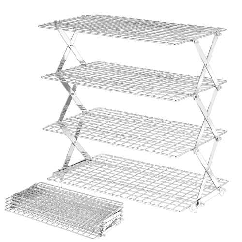 BEWOS 4 Tier Collapsible Cooling Rack - Adjustable Stainless Steel Baking Rack with Leak-Proof Mesh, X-Shaped Structure Cooling Rack for Cooking and Baking, Dishwasher Safe - color: Silver, size: 4 Tier