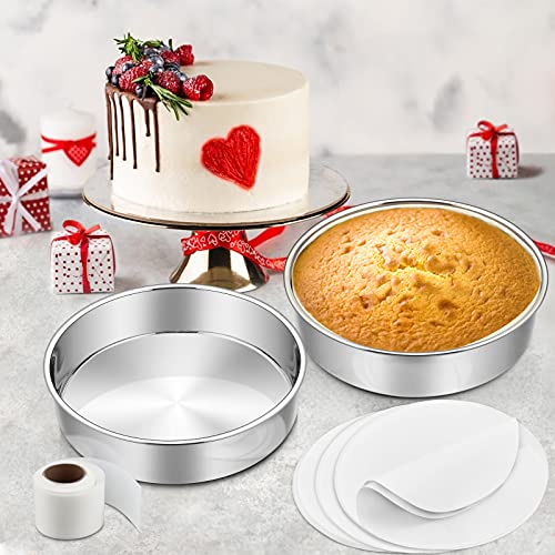 E-far 9½ Inch Cake Pan Set of 2, Stainless Steel Round Layer Cake Baking Pans with Parchment Rounds & Side Liner Roll, Non-Toxic & Healthy Metal Cakes Tin, Straight Side & Dishwasher Safe - size: 9½ Inch, style: 2 Cake Pans