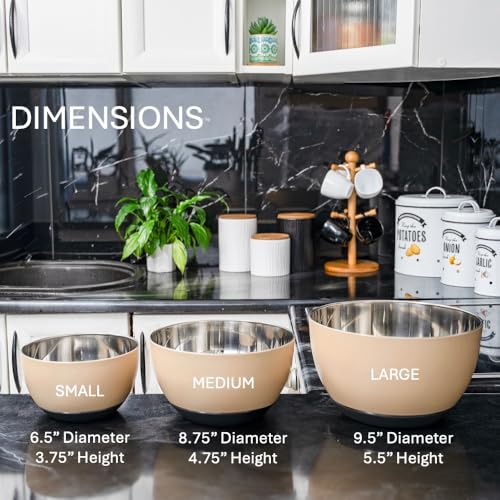 WHYSKO Stainless Steel Mixing Bowls Set, 3-Piece with Silicone Base - color: Tan