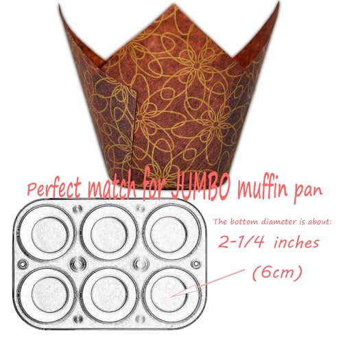 (JUMBO Large size) Brown Golden pattern Tulip Baking Cups 2-1/4"(Base diameter) x 3-3/4"(Wall height) Greaseproof paper Muffin liners, Case of 130 pcs - color: Golden pattern