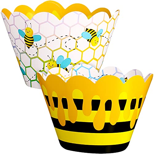 Tenare 48 Pcs Honey Bee Cupcake Wrappers for Bee Party Baking Decor