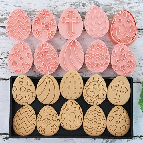 10 Pieces Easter Egg Cookie Cutters Easter Cookie Stamps 3D Plastic Embossing Mold Press Cookie Mould Set Baking Kitchen Tools for Holiday Birthday Party Biscuit Fondant Snacks Making