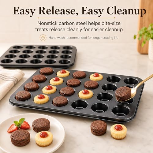 Kingrol 2 Pack Petite Mini Muffin Pan, 24-Cup Nonstick Carbon Steel Mini Cupcake Pan, Bite-Size Muffin Tin for Brownie Bites, Egg Bites, Candy and Mini Desserts