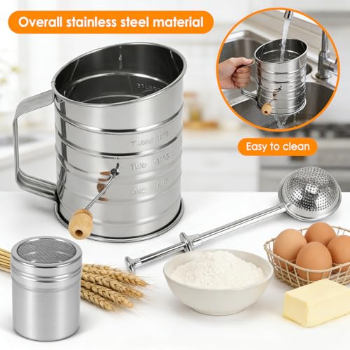 Large Rotary Flour Sifter Set, Stainless Baking with Hand Crank