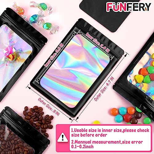 Funfery 100 Pack Resealable Holographic Bags, Smell Proof Packaging, Black - color: Black, size: 3x4.7 inch