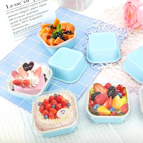 100Pack 5oz Blue Mini Cake Pans with Lids Baking Cups Aluminum Foil Pans Tins, Individual Dessert Cups Containers for Sales,Party,Picnics - color: Blue