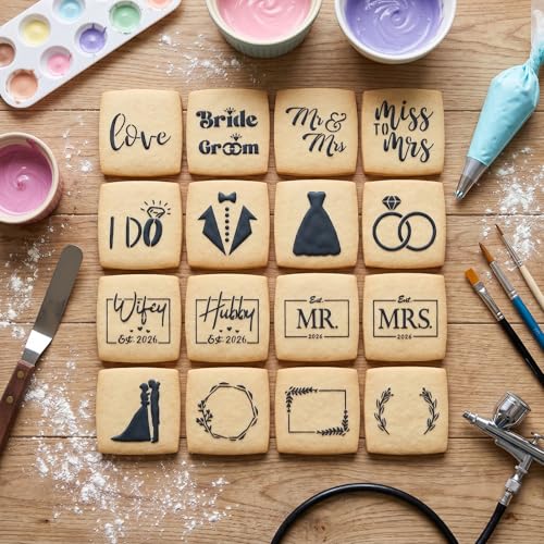 16Pcs 4x4Inches Wedding/Engagement Cookie Stencils, Love/Bride to Be/Miss to Mrs/I Do Stencil for Baking, Royal Icing, Sugar Cookie, Bridal Shower Decor, Cards Decorating Tools & Personalized Gifts