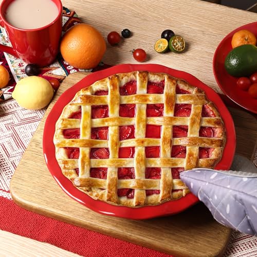 vicrays Ceramic Pie Pan for Baking - 9 inch Pie Plate, Round, Fluted and Deep Pie Dish for Tart, Pizza, Apple Pie, Quiche, Pot Pies, Cake - Reactive Glaze (Red) - color: Scarlet Red