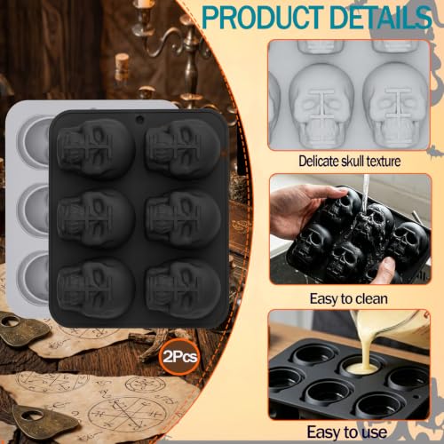 2 Pack 3D Skull Silicone Molds Halloween Silicone Molds, Reusable Non-Stick Skull Chocolate Baking Molds for Cake, Candy, Ice Cube, Resin, Halloween Party Decorations（Black/Gray）