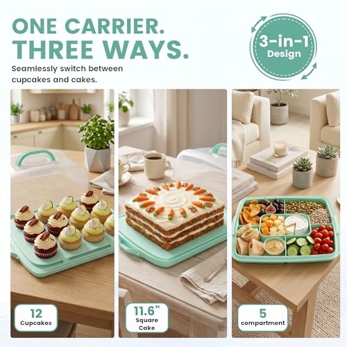 VGOODALL Cake Carrier with Lid and Handle, 12 Capacity Cupcake Holder for Muffin Pies Candies Fruits Snacks Desserts, Perfect for Sheet Cakes, Dishwasher Safe - color: Cake Carrier-Green