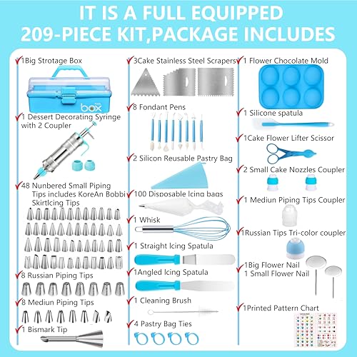Cake Decorating Kit,209 PCS Dessert Decorating Syringe Set with Stainless Steel Frosting Piping Kit,Baking Supplies with Storage Case,Piping Bags and Tips Set,Chocolate Moulds for Beginners & Pros