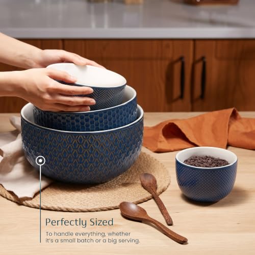 KooK Ceramic Nesting Bowls, Embossed, Oven Safe, Set of 4, Midnight Blue - color: Midnight Blue