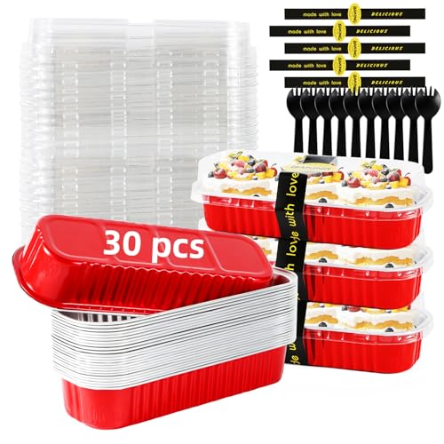 Mini Loaf Pans with Lids and Spoons Sealing Sticker,6.8oz Cake Pans for Baking Disposable Aluminum Foil Pink/Red cake pan (30, 30 Pack Red) - color: 30 Pack Red