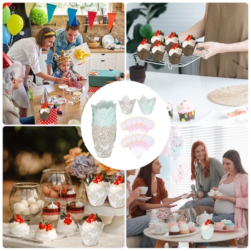 uxcell 100Pcs Tulip Cupcake Liners with 10Pcs Cheese Markers Muffins Liners - color: White Blue/White Gold