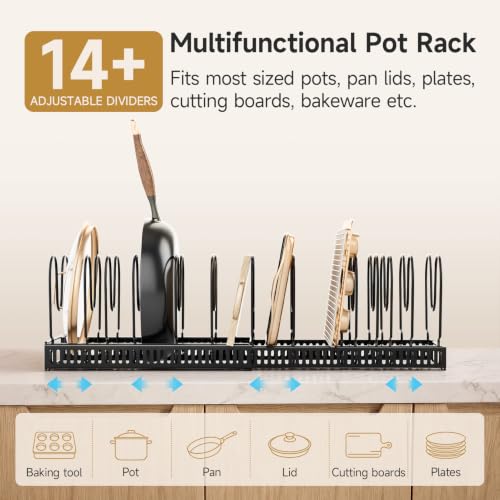 MUDEELA Pot Lid Organizer for Cabinet, Expandable Baking Pan Rack 14 Slots - size: 14 Dividers