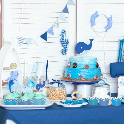 FYSUIMU 36Pcs Ocean Wave Cupcake Wrappers Gradient Blue Sea Wave Cupcake Liners Decorative Dessert Holders for Summer Ocean Party Cake Decoration