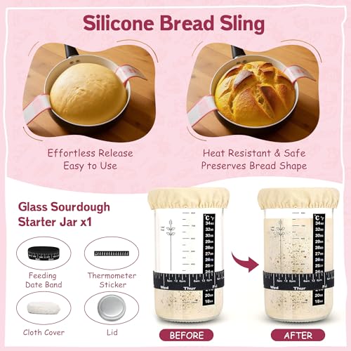 Beginner Sourdough Starter Kit with Proofing Baskets & Jar, Baking Supplies - color: Pink