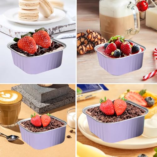 50 Pcs Mini Square Baking Cups with Lids,10oz Aluminum Foil Mini Cake Pans with Lids,Disposable Ramekins Cake Pans,300ml Dessert Cups Cupcake Pans for Wedding Birthday Party,Purple - color: Purple, size: 10oz