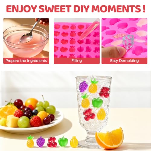 Gummy Candy Molds with 2pcs Droppers, Large Silicone Candy Molds 3 Pack - color: B-Fruit+Bear+Dinosaur:3 Pcs, size: Large Gummy Molds