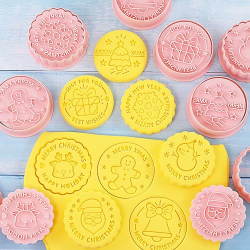 Christmas Round Cookie Stamp 8Pcs Snowflake Reindeer Embossing Baking Molds - color: Xmas E