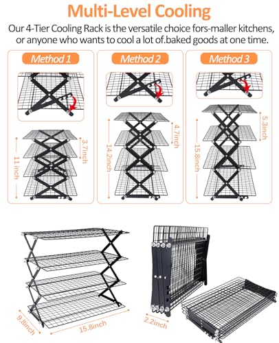 4 Tier Collapsible Cooling Rack, 2/3/4-Tier Upgraded,Adjustable ＆ Stackable Baking Rack, 5 Modes Cooling Racks for Cooking and Baking, Roasting ＆ Grilling Gifts for Picnic Party - color: A4-Black
