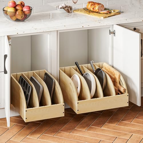 WelFurGeer Birchwood Pot and Pan Organizer with Soft-Close Drawer, Pull Out Cabinet Organizer, Heavy-Duty Slide-Out Storage for Baking Sheets, Cutting Boards, and Kitchen Utensils - size: 17"W X 21"D