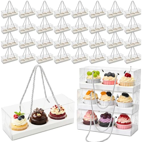 32 Pack Clear Cupcake Boxes, Plastic Cupcake Containers with Handle