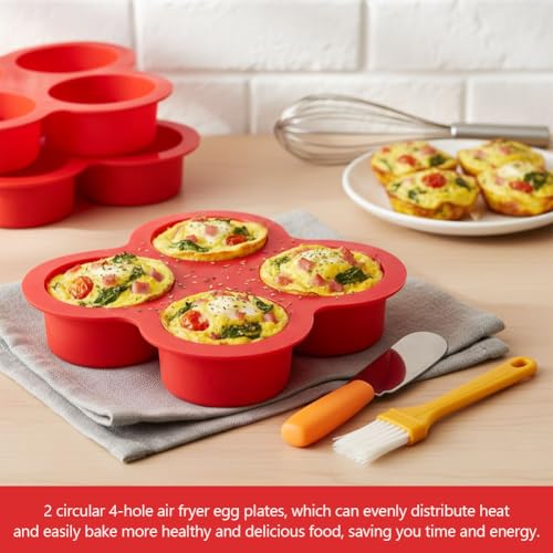 2 Pack Silicone Egg Bite Molds, with 1 Spatula & 1 Brush - color: Red