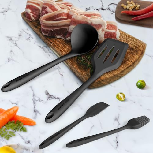 Kitchen Utensil Set - 11 Cooking Utensils - Colorful Silicone Kitchen Utensils - Nonstick Cookware with Spatula Set - Colored Best Kitchen Tools Kitchen Gadgets (Black) - color: Black