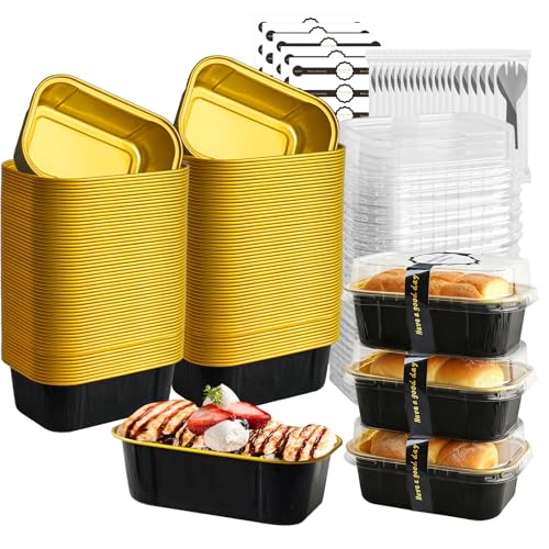 mini loaf pans with lids and spoons 50 Pack,5.5 oz Rectangle mini individual cake tins Disposable Small Aluminum Foil Baking pans (50, Black) - color: Black