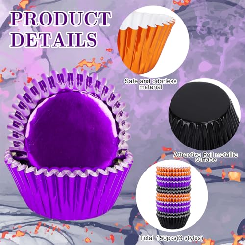Whaline 150Pcs Halloween Foil Cupcake Liners Black Purple Orange Foil Metallic Cupcake Wrappers Muffin Liners for Halloween Party Supplies Table Decor - color: Black Purple Orange