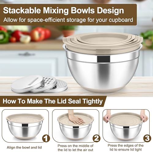 TeamFar Mixing Bowls, Stainless Steel Salad Bowl with Lid & Graters -Khaki - color: Khaki