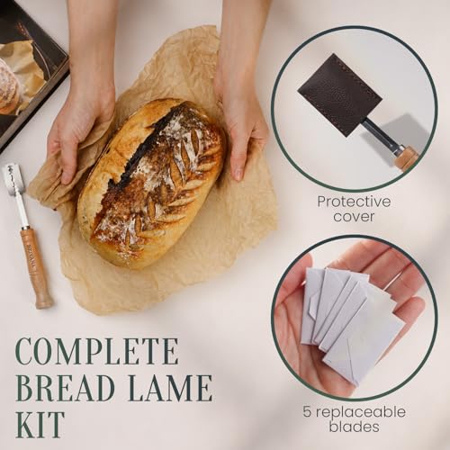 Bread Lame for Sourdough, Beech Wood Bread Scoring Tool with Protective Cover and 5 Replacement Blades