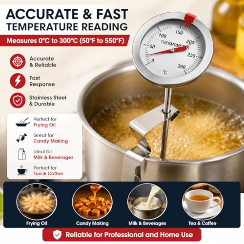 Candy Thermometer Oil Thermometer for Frying with Clip 304 Stainless Steel Deep Fry Thermometers with High Temperature Glass Gauge for Milk Coffee Tea BBQ and Food Cooking Kitchen Tool (S) - size: S