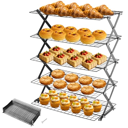 5-Tier Stackable Cooling Rack for Baking, Collapsible Wire Cookie Rack with Adjustable Heights, Non-Stick Roasting & Drying Rack for Cupcakes, Pies and Pastries, Space-Saving Kitchen Essential - size: 5 Tiers