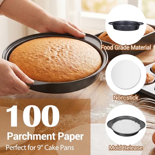 9 Inch Round Cake Pan with Handle, 3 Pcs Nonstick Cake Pans with 100 Pcs Parchment Paper, Carbon Steel Cake Baking Pans Set, Dishwasher Safe