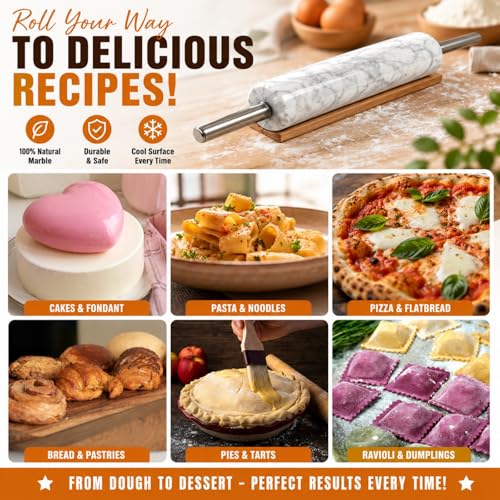 Premium White Marble Rolling Pin Set with Natural Veins, Stainless Steel Handles, Wooden Stand, Pastry Mat, Dough Cutter & 3 Thickness Rings – Baking Gift Set