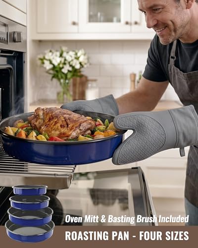 Round Turkey Roasting Pans Set of 4, Enamel Cake Baking Pan for Oven - color: Navy Blue