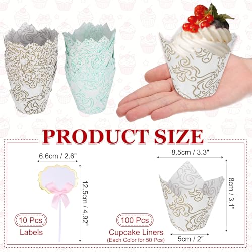 uxcell 100Pcs Tulip Cupcake Liners with 10Pcs Cheese Markers Muffins Liners - color: White Blue/White Gold
